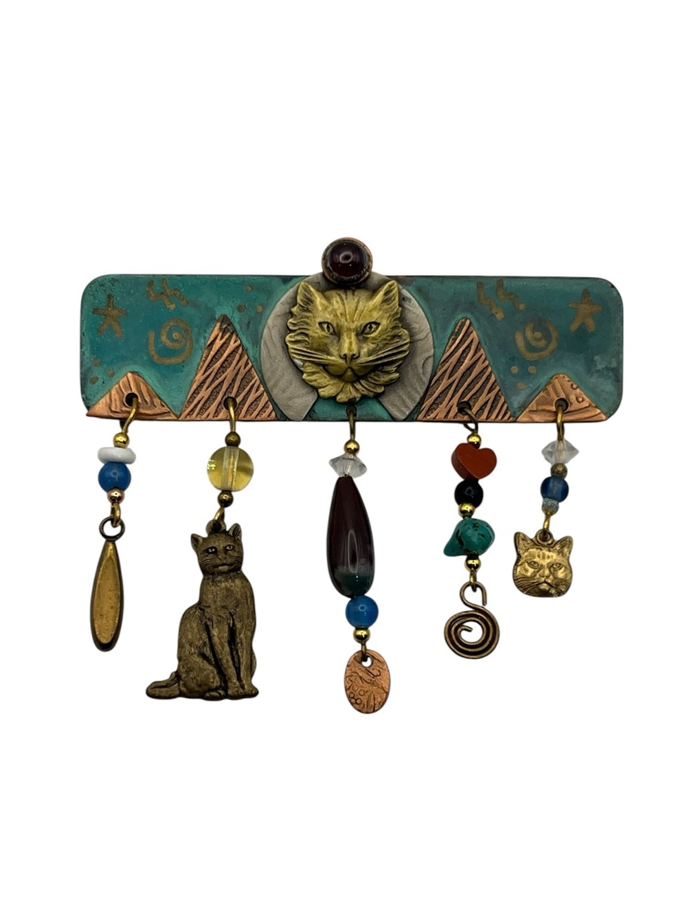 Handmade brass copper cat feline kitty dangle brooch pin vintage beaded